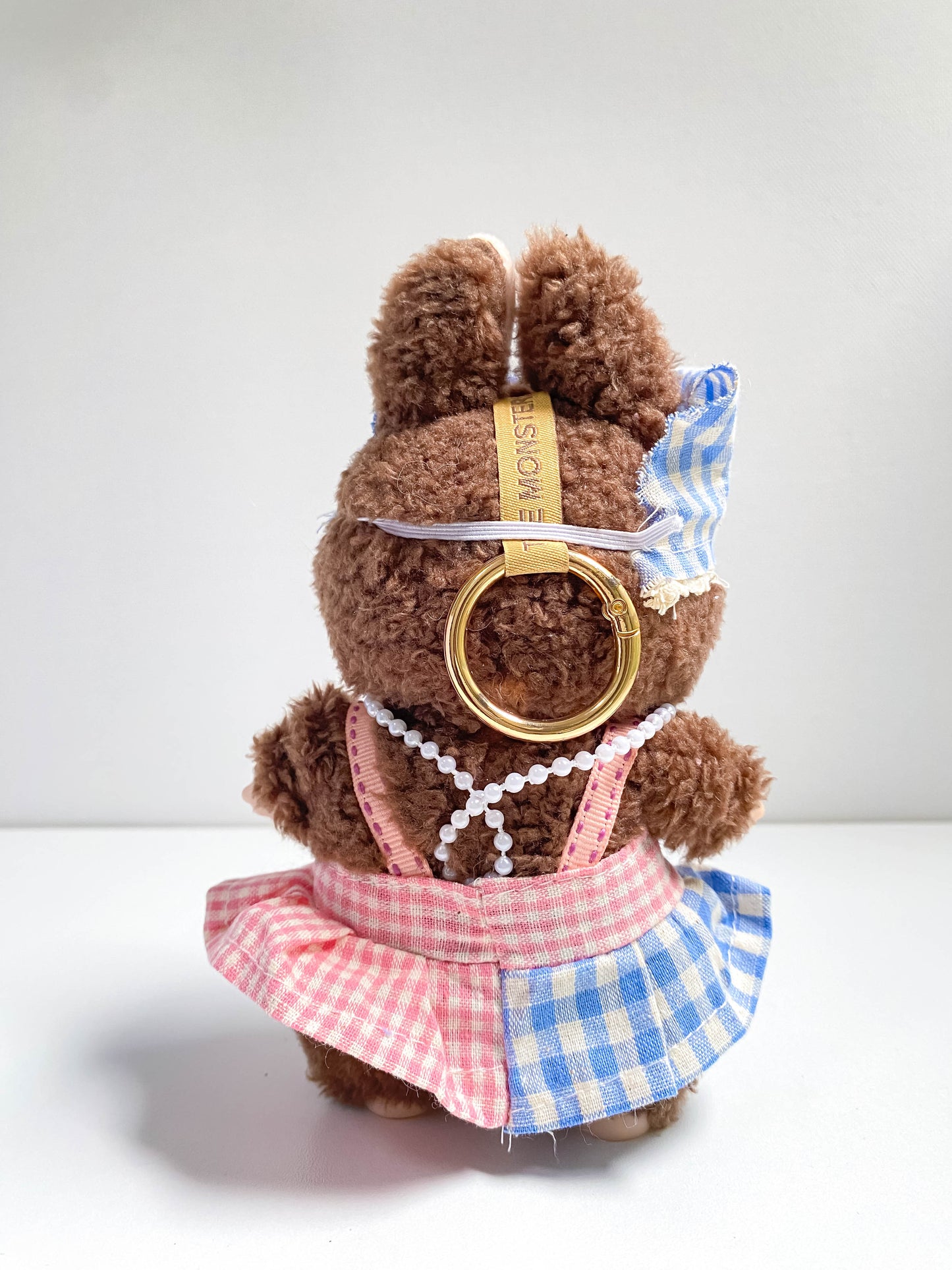 Gingham Patchwork Doll Outfit with Cap and Decorative Accessories