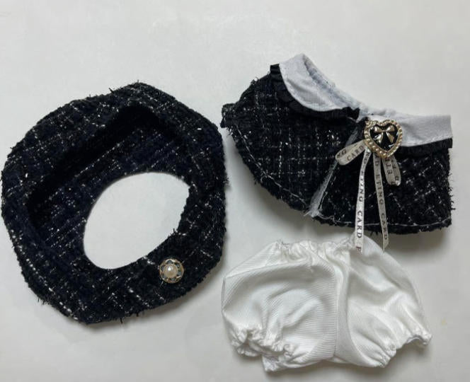 Black Textured Doll Outfit Set with Dress, Hat, and Bloomers | Mini Doll Clothing