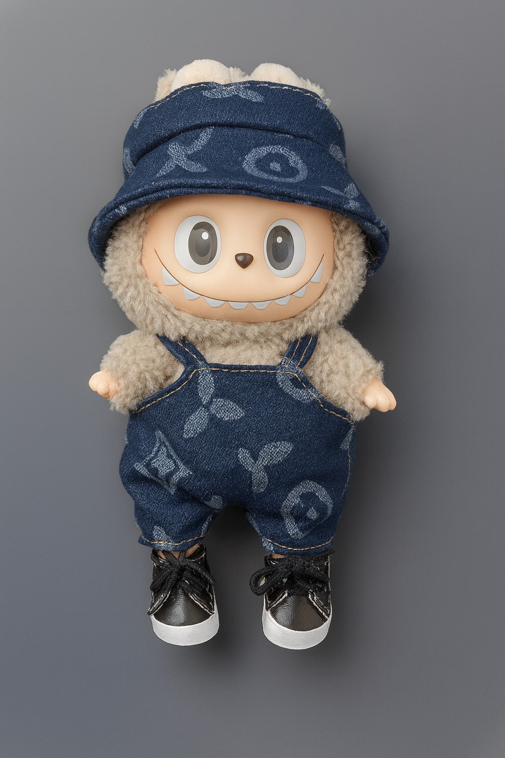 Blue Patterned Doll Outfit Set with Overalls and Bucket Hat | Mini Doll Clothing