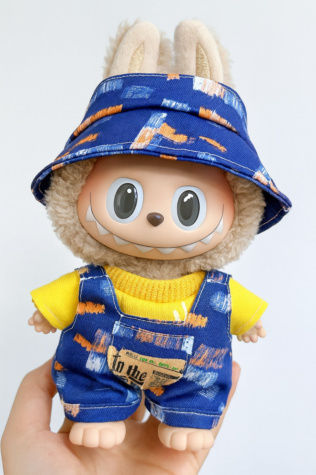 Blue Denim-Style Doll Outfit Set with Overalls and Bucket Hat | Mini Doll Clothing