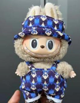 Blue Diamond Pattern Doll Outfit Set with Overalls & Matching Hat