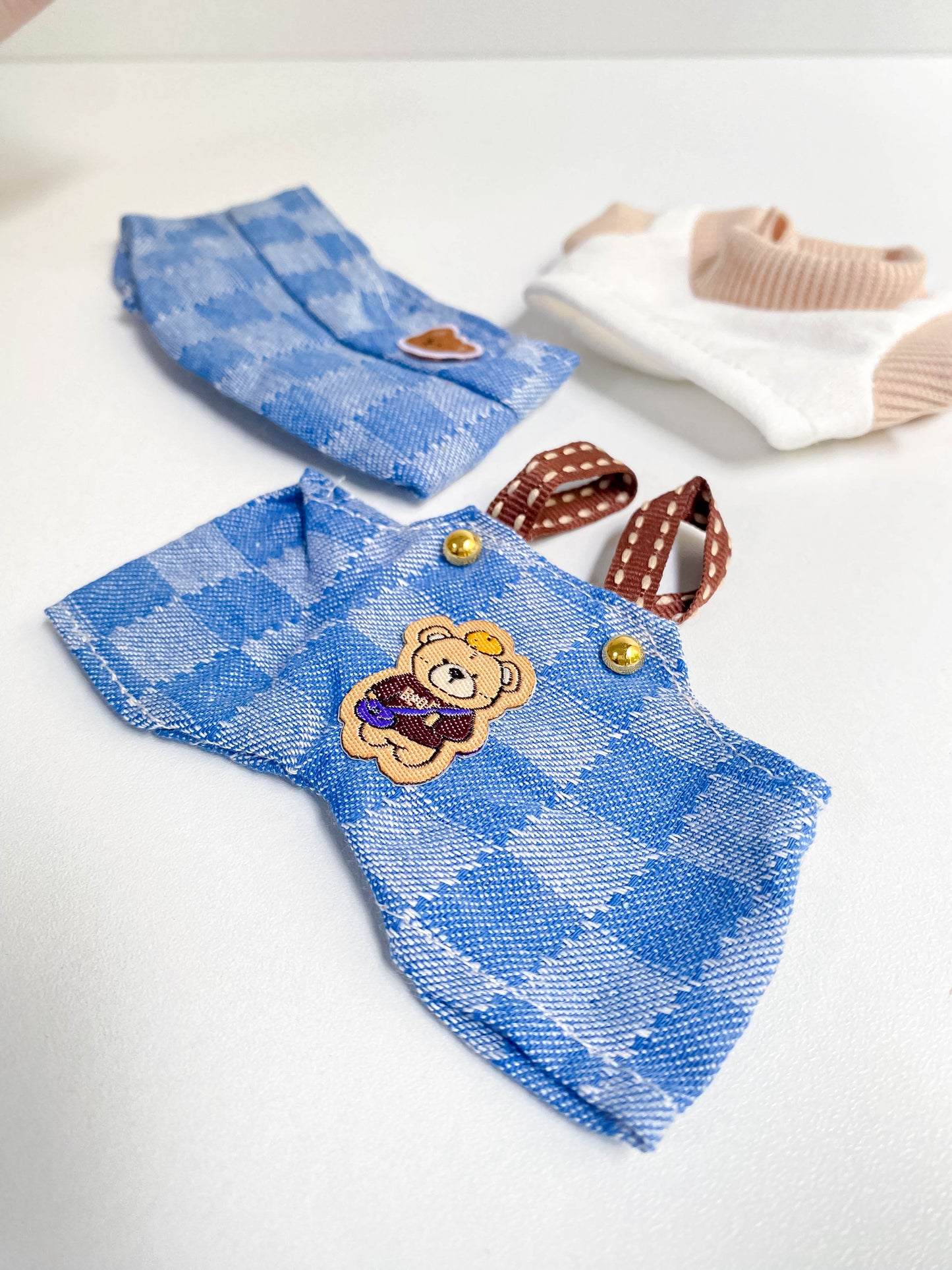 Cute Blue Plaid Doll Outfit with Overalls & Bucket Hat – Mini Doll Clothing Set