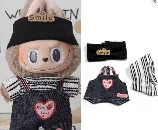 Black Beanie Doll Outfit – Striped Top & Denim Overalls Mini Doll Clothing Set
