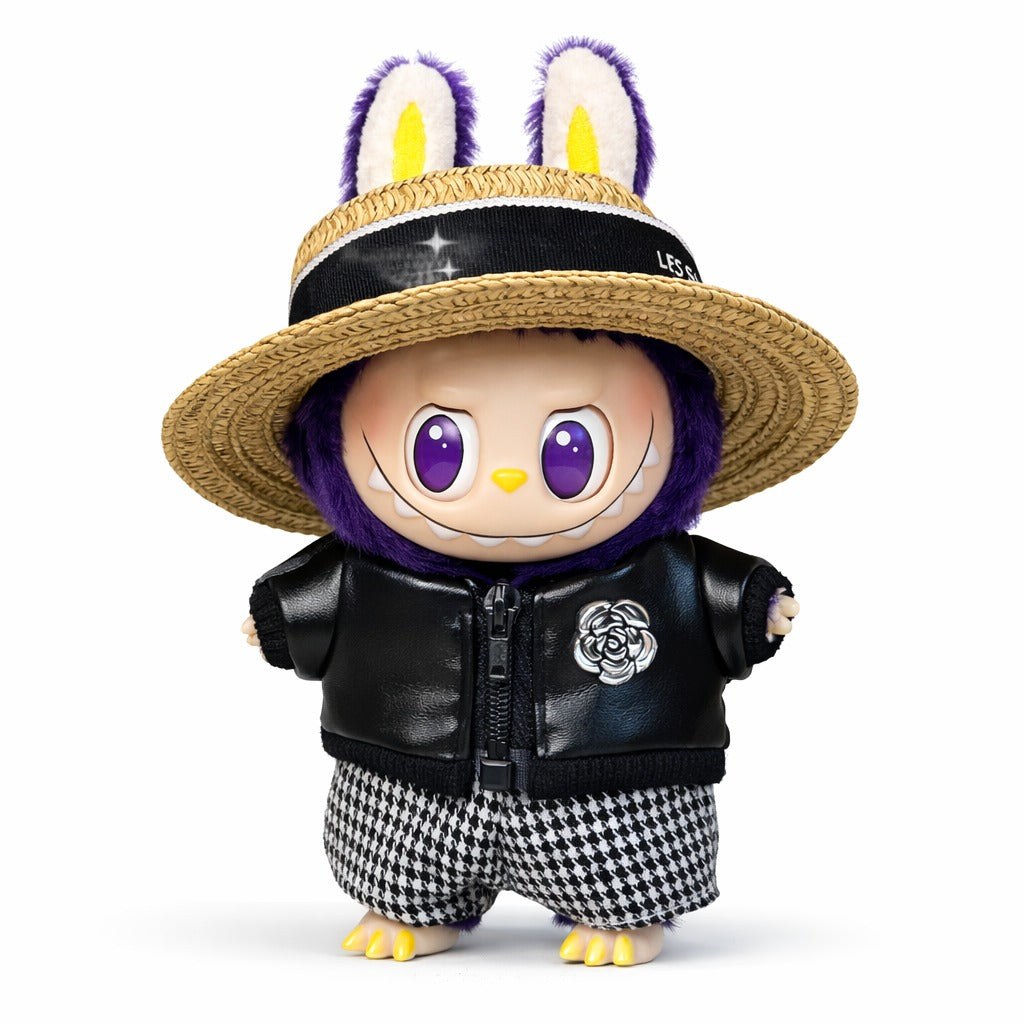 Black Faux Leather Jacket & Houndstooth Pants Doll Outfit Set