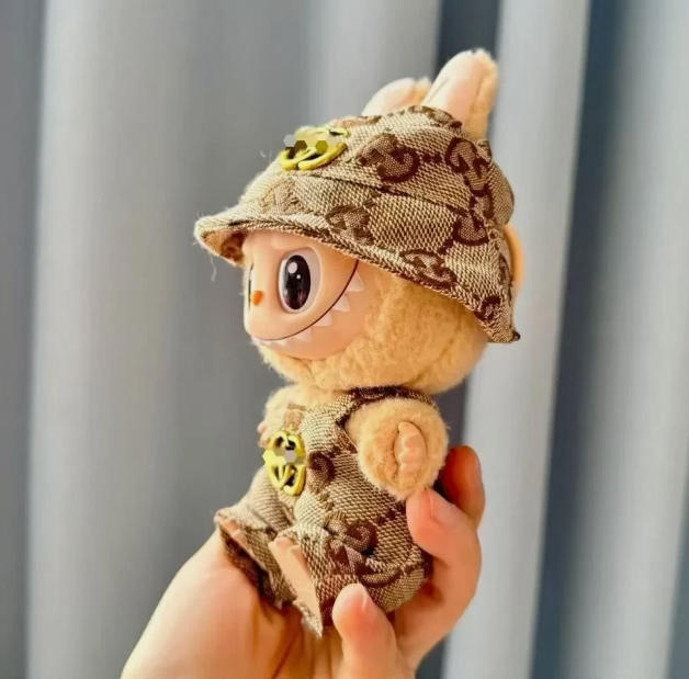 Beige Pattern Doll Outfit with Bucket Hat – Mini Doll Clothing Set