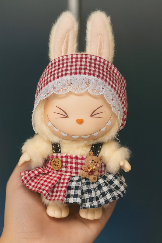Bunny Hooded Doll Outfit Gingham Dress with Plush Trim