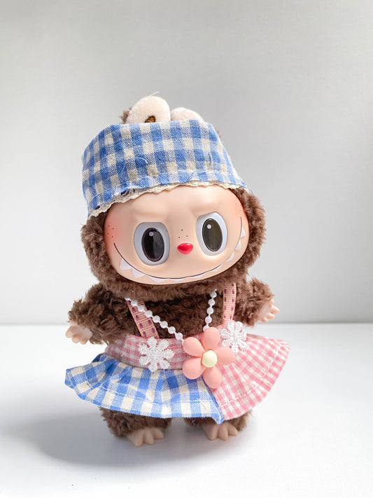 Gingham Patchwork Doll Outfit with Cap and Decorative Accessories