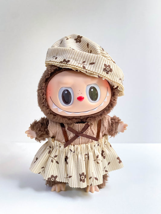 Floral Corduroy Doll Outfit with Matching Hat and Textured Skirt