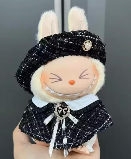 Black Textured Doll Outfit Set with Dress, Hat, and Bloomers | Mini Doll Clothing