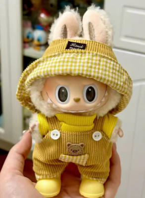 Yellow Corduroy Doll Outfit Set with Overalls and Gingham Hat | Mini Doll Clothing