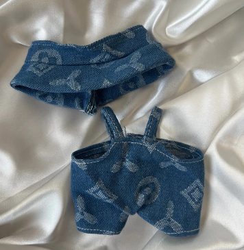 Blue Corduroy Doll Outfit Set with Overalls and Matching Hat | Mini Doll Clothing