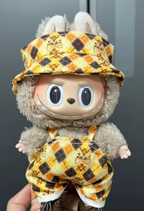 Yellow Plaid Doll Outfit Set with Overalls & Matching Bucket Hat