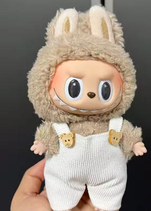 Cream Knit Doll Overalls Outfit with Bear Button Details