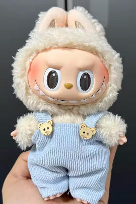 Light Blue Knit Doll Overalls Outfit with Bear Button Accents