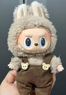 Brown Knit Doll Overalls Outfit with Bear Button Details