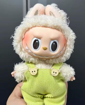 Light Green Knit Doll Overalls Outfit with Bear Button Details