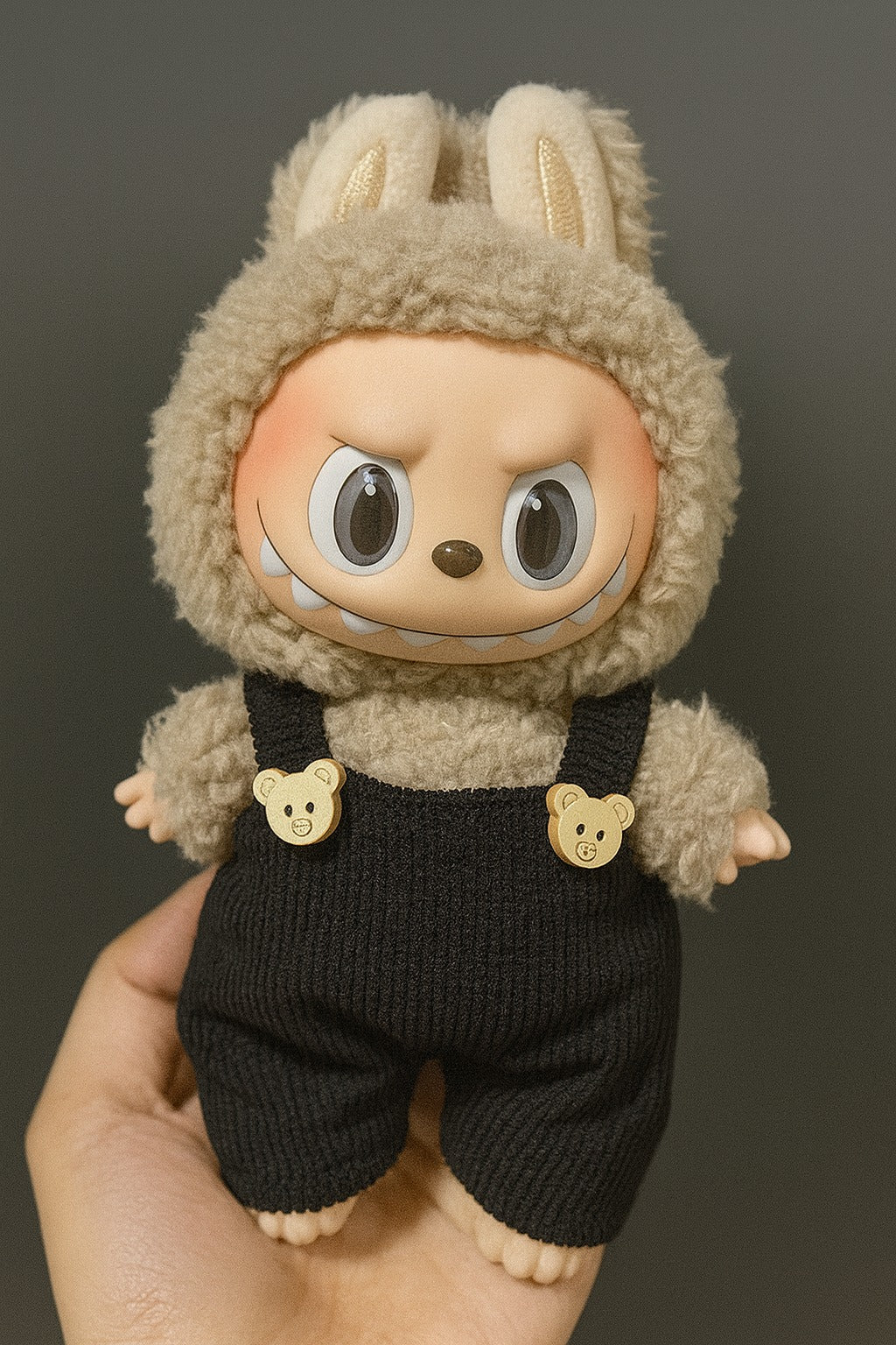 Black Knit Doll Overalls Outfit with Bear Button Accents