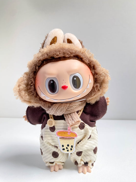 Cute Animal Doll Outfit with Overalls & Scarf – Mini Doll Clothing Set