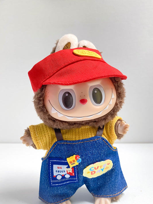 Cute Casual Doll Outfit with Denim Overalls & Cap – Mini Doll Clothing Set