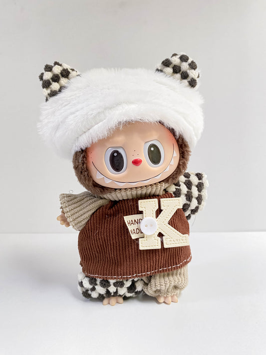 Cute Winter Doll Outfit with Plush Hat & Knit Dress – Mini Doll Clothing Set