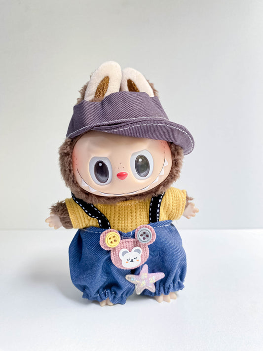 Cute Casual Doll Outfit with Overalls & Cap – Mini Doll Clothing Set