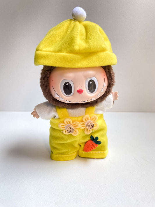 Cute Yellow Doll Outfit with Overalls & Beanie – Mini Doll Clothing Set