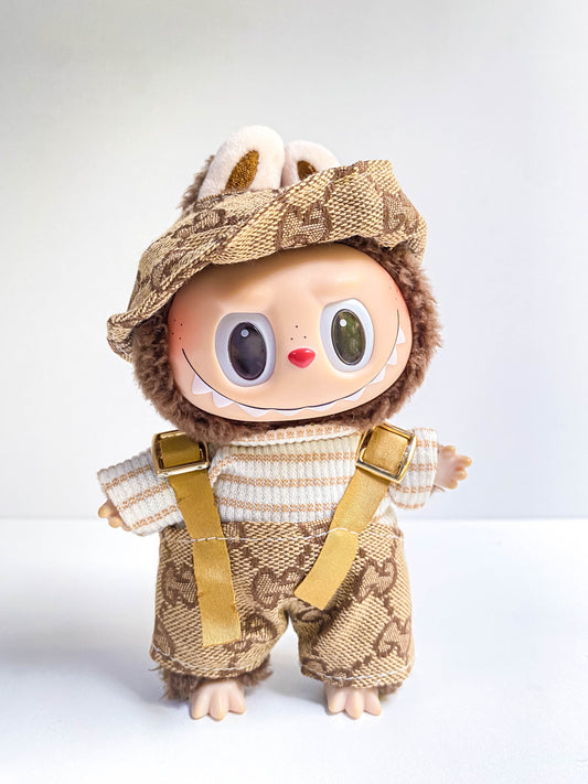 Classic Beige Doll Outfit with Overalls & Cap – Mini Doll Clothing Set