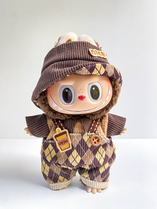 Cute Brown Doll Outfit with Knit Hat & Patterned Overalls – Mini Doll Clothing
