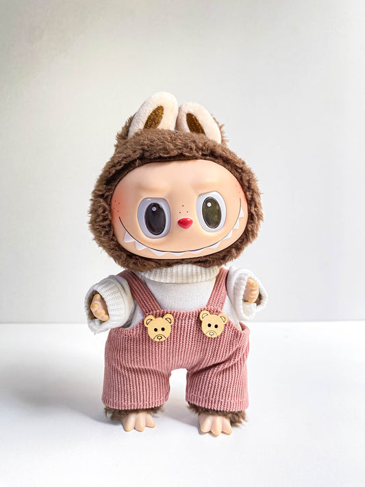 Cute Pastel Doll Outfit with Knit Overalls & Animal Hood – Mini Doll Clothing Set