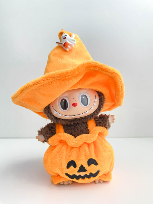 Cute Pumpkin Doll Outfit with Witch Hat – Plush Mini Doll Clothing Set