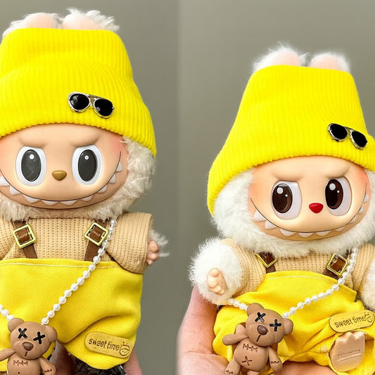 Yellow Beanie Doll Outfit – Knit Hat & Overalls Mini Doll Clothing Set