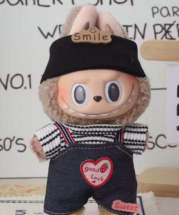Black Beanie Doll Outfit – Striped Top & Denim Overalls Mini Doll Clothing Set