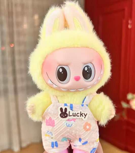 Yellow Bunny Doll Outfit – Fuzzy Hoodie & Printed Overalls Mini Doll Clothing Set