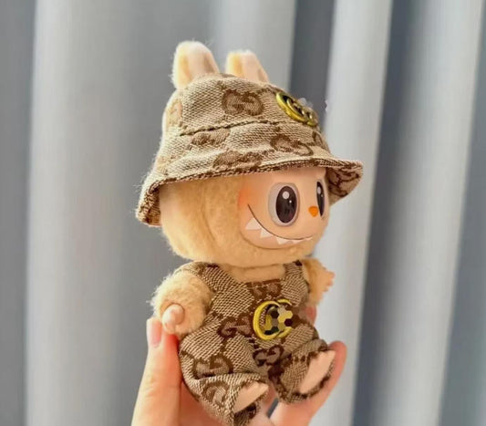 Beige Pattern Doll Outfit with Bucket Hat – Mini Doll Clothing Set