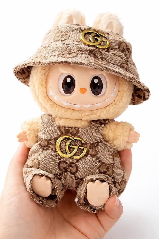 Beige Pattern Doll Outfit with Bucket Hat – Mini Doll Clothing Set