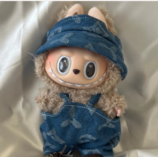 Denim Style Doll Outfit with Overalls and Hat – Mini Doll Clothing Set