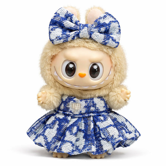 Blue Tweed Bow Dress Doll Outfit Set with Matching Headband