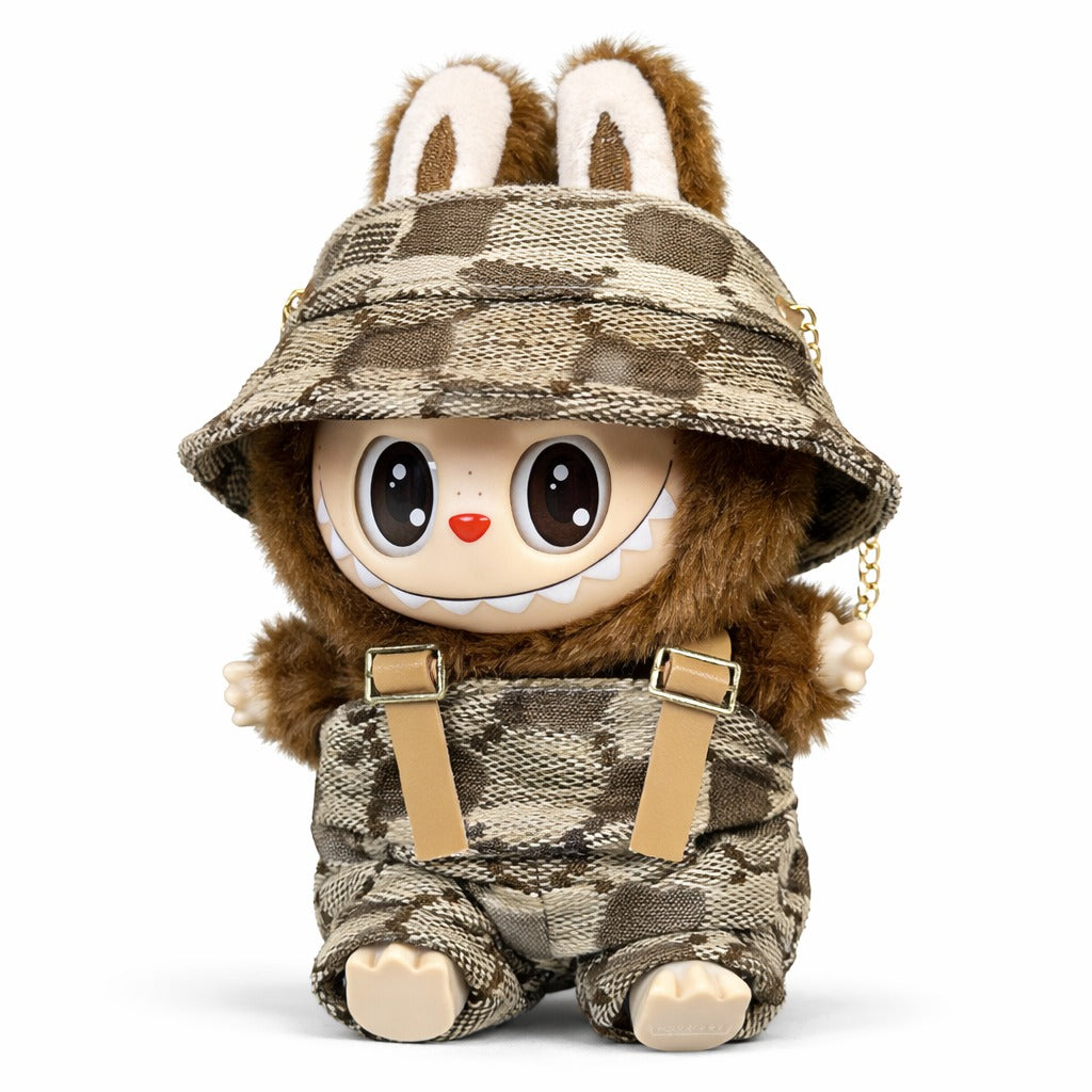 Brown Pattern Bucket Hat & Overall Doll Outfit Set